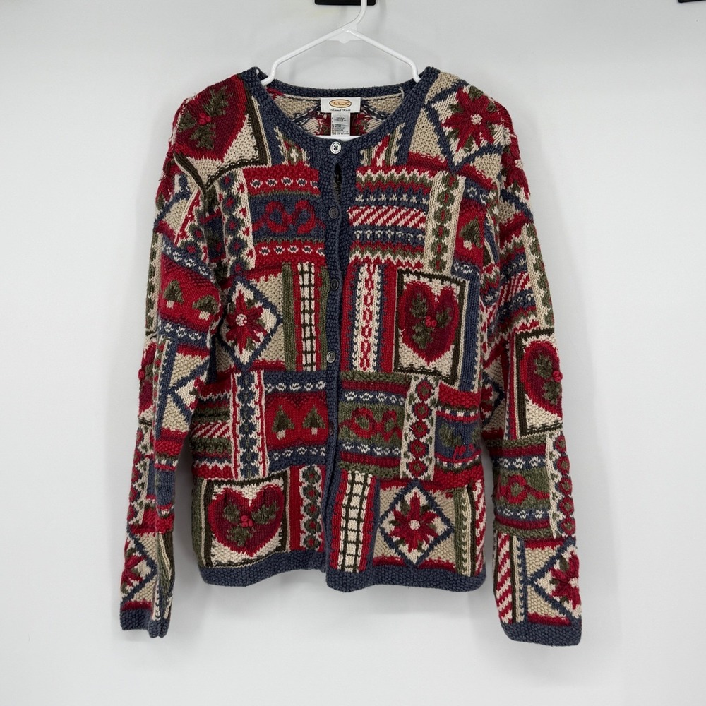 Vintage Talbots Hand Knit Christmas Cardigan L Patchwork Ramie Cotton